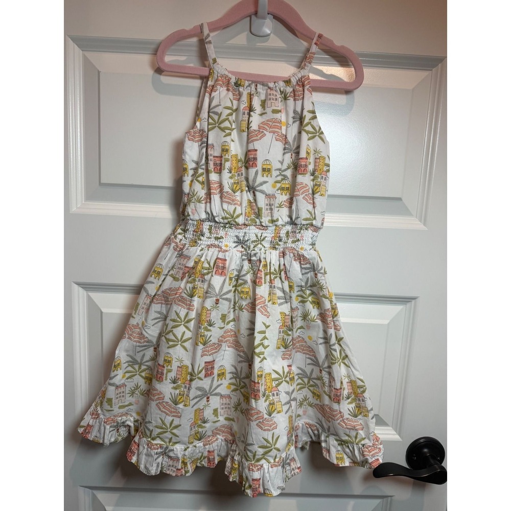 Janie and Jack Girls Size 6 White Coastal Village Palm Tree Cotton Ruffle Dress - Picture 1 of 5